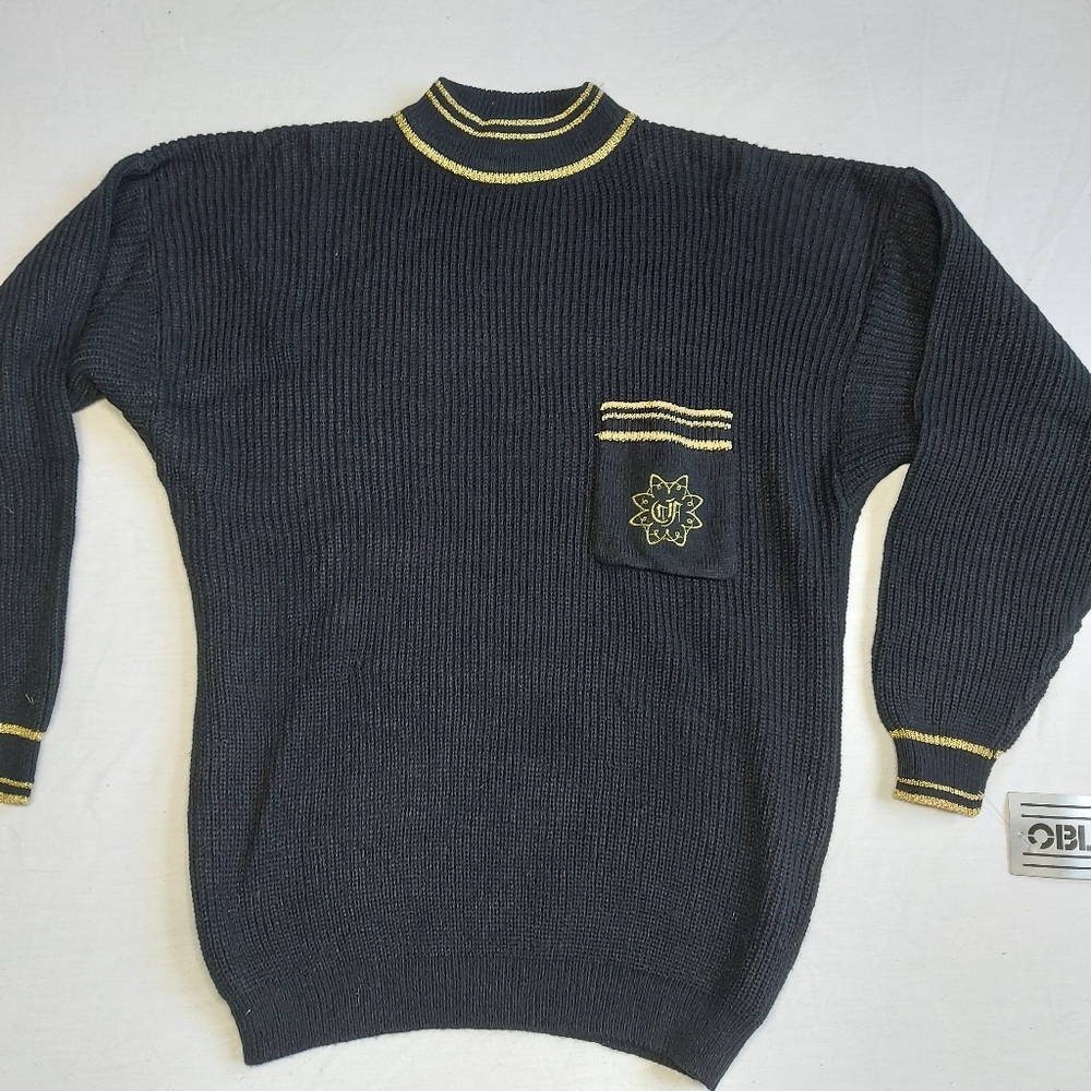 Vintage Oblique Black Gold Crew Mock Neck Knit Sweater Mens Small, NWT